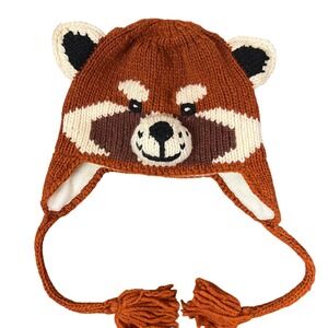 Vive Bien Kids Red Panda Wool Earflap Hat Handcrafted Ecuador Rust Orange Beanie